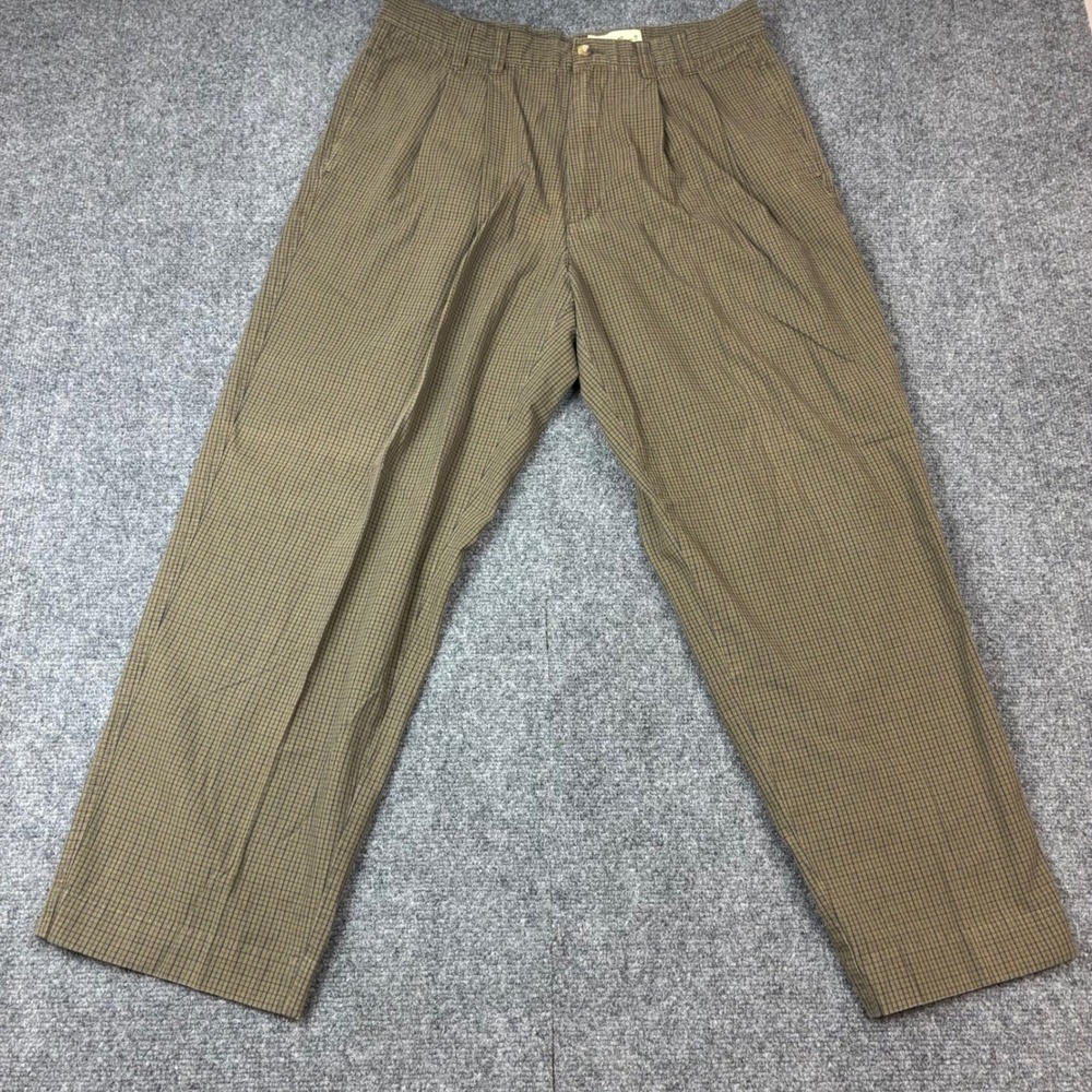 Eddie Bauer Mens Pleated Chino Pant 35x32 Olive Blue Micro Check Cotton VTG Pant